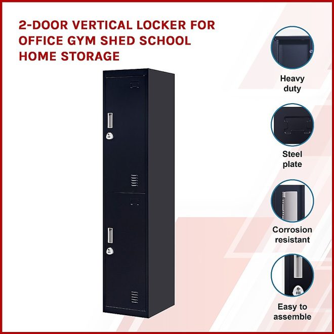 2-Door Vertical Locker for Office Gym Shed School Home Storage – Black, 3-Digit Combination Lock