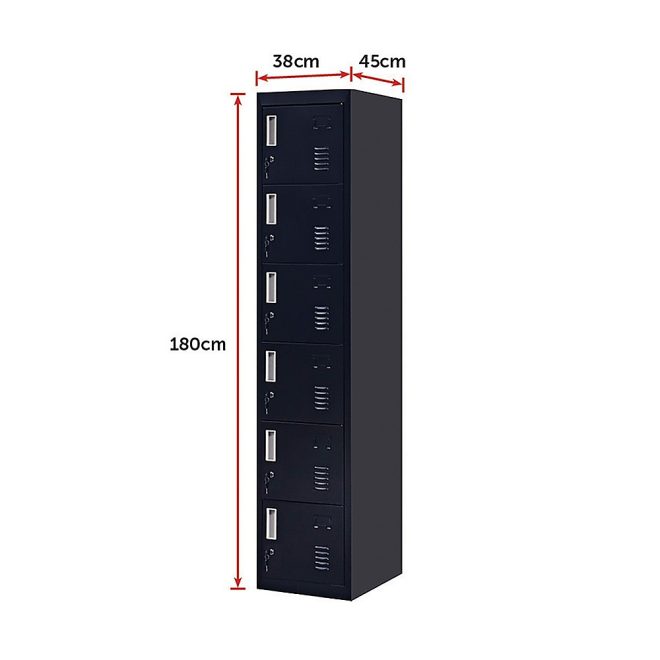 6-Door Locker for Office Gym Shed School Home Storage – Black, Standard Lock