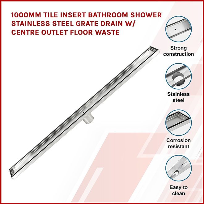 Tile Insert Shower Bathroom Grate Drain w/Centre outlet Floor Waste – 900 x 70 x 20 mm, Silver