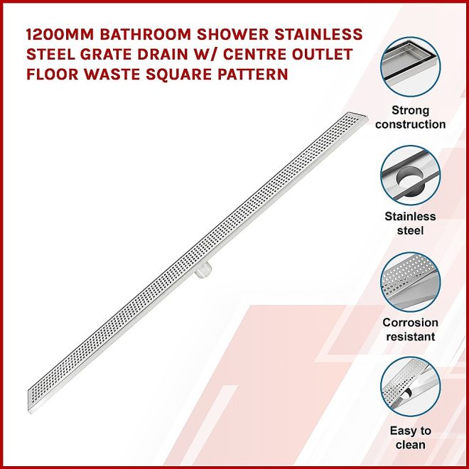 Bathroom Shower Grate Drain w/Centre outlet Floor Waste – 1200 x 70 x 20 mm, Silver