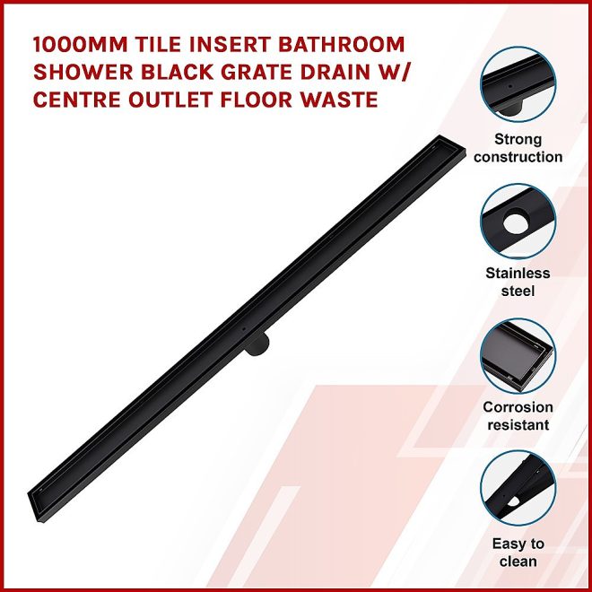 Tile Insert Shower Bathroom Grate Drain w/Centre outlet Floor Waste – 1000 x 70 x 20 mm, Black