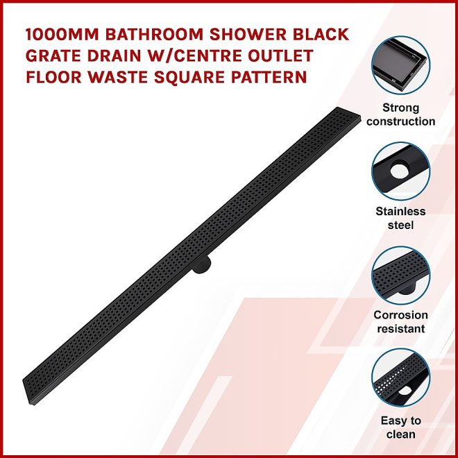Bathroom Shower Grate Drain w/Centre outlet Floor Waste – 1000 x 70 x 20 mm, Black