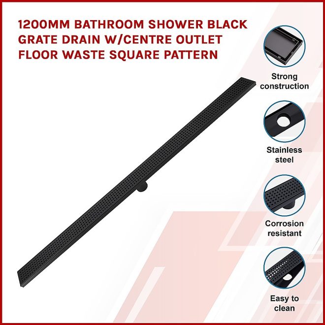 Bathroom Shower Grate Drain w/Centre outlet Floor Waste – 1200 x 70 x 20 mm, Black