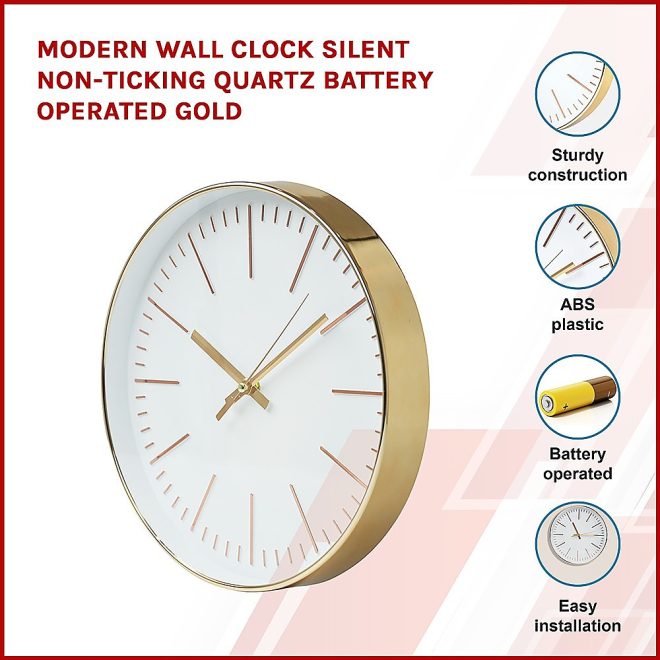 Modern Wall Clock Silent Non-Ticking Quartz Battery Operated Round Gold