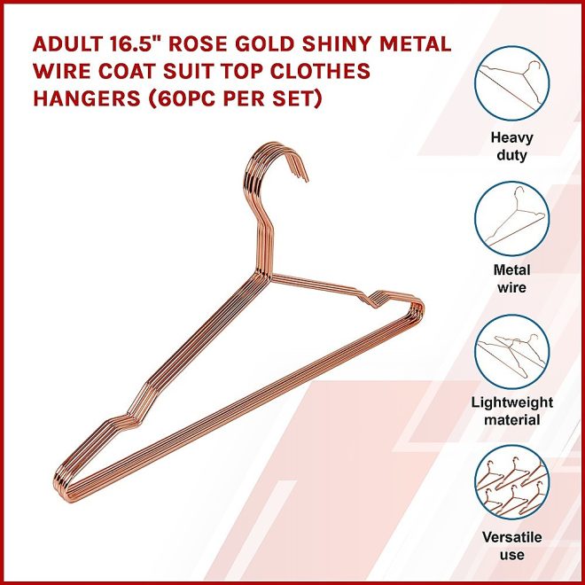 Adult 16.5″ Rose Gold Shiny Metal Wire Coat Suit Top Clothes Hangers – 60