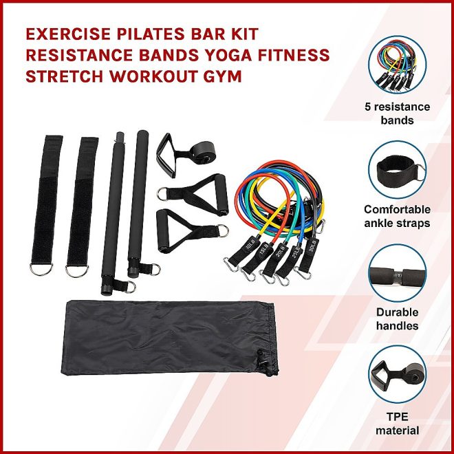 Exercise Pilates Bar Kit Resistance Bands Yoga Fitness Stretch Workout Gym