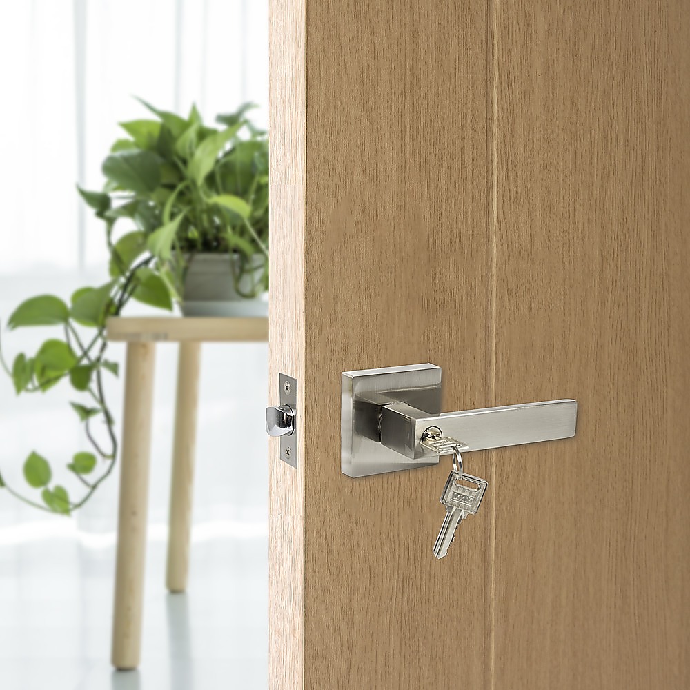 Door Handle Set Lever Square – Satin Nickel, Key Lock Function