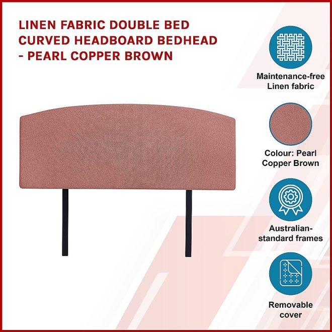 Linen Fabric Bed Curved Headboard Bedhead – DOUBLE, Pearl Copper Brown