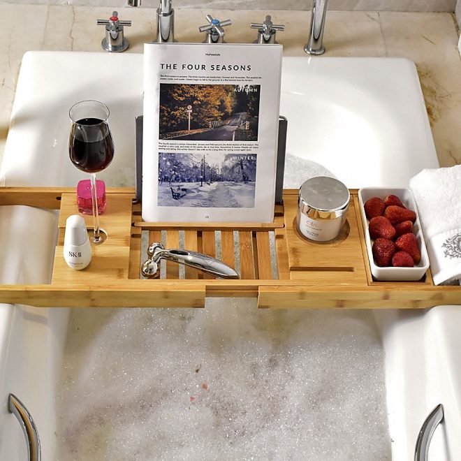 Bathroom Bamboo Bath Caddy Wine Glass Holder Table Tray Bathtub Rack Soap Shelf