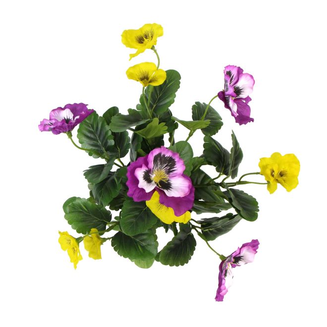 Mixed Flowering Potted Artificial Pansy Plants 25cm – Green and Purple and Yellow