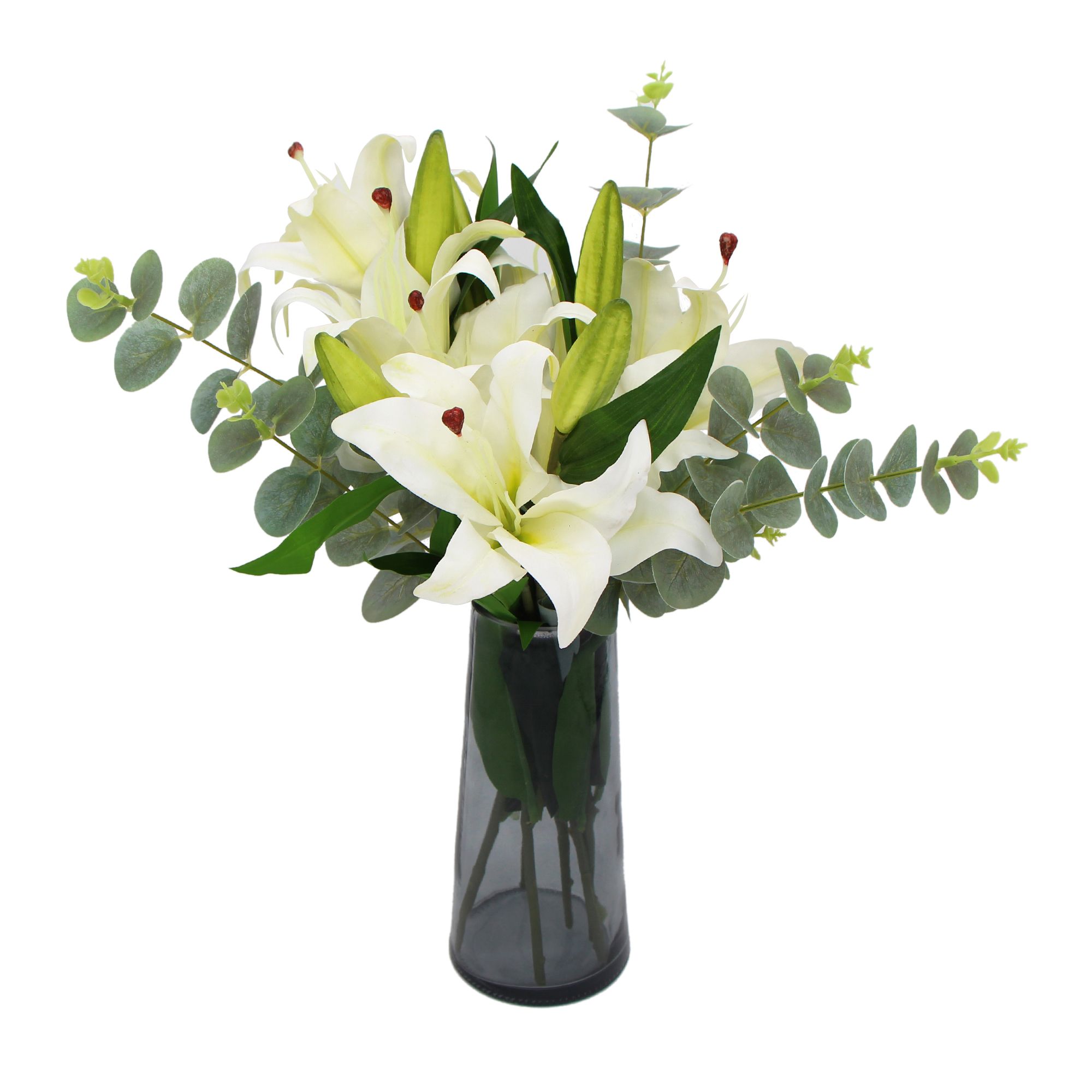 Premium Faux Lily In Glass Vase (Artificial Tiger Lily Arrangement) – Green and White