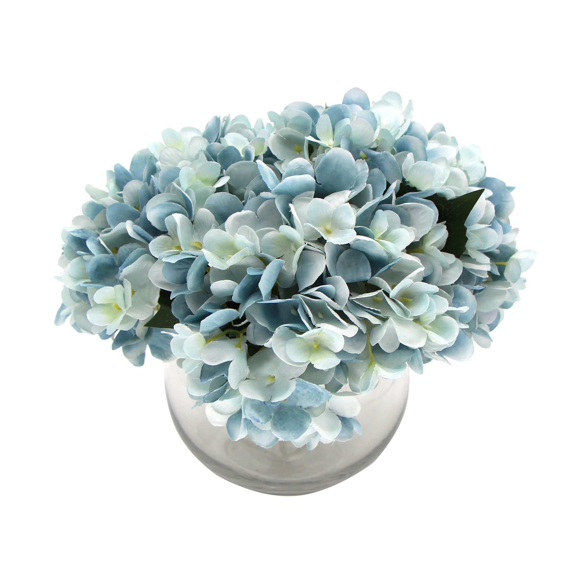 Premium Faux Hydrangea With Glass Vase (Artificial Flowering Hydrangea) 23cm – Green and Blue