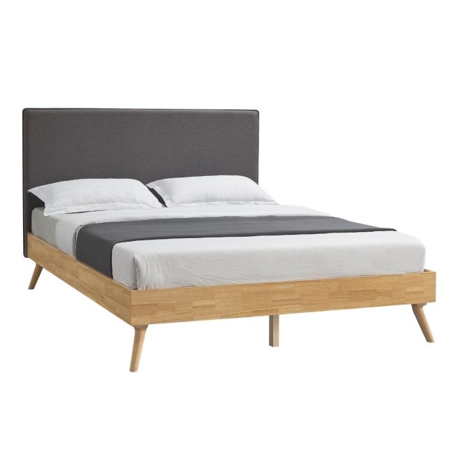 Natural Oak Ensemble Bed Frame Wooden Slat Fabric Headboard – QUEEN