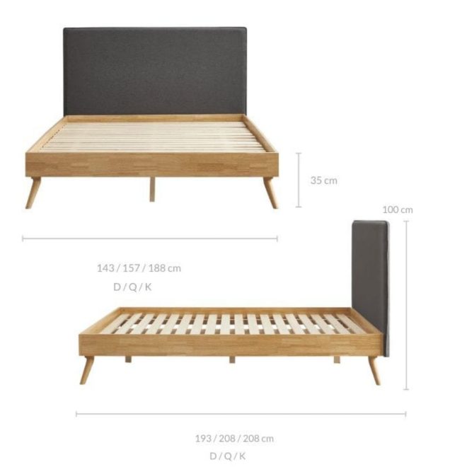 Natural Oak Ensemble Bed Frame Wooden Slat Fabric Headboard – QUEEN