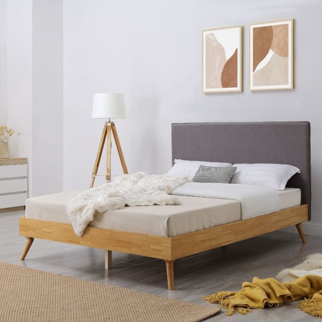 Natural Oak Ensemble Bed Frame Wooden Slat Fabric Headboard – KING