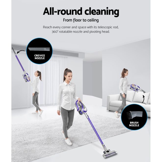 Devanti Stick Handheld Vacuum Cleaner Cordless Car Vacuum Cleaners HEPA Filters – Purple and Grey