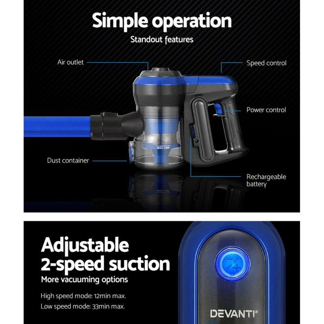 Devanti Handheld Vacuum Cleaner Cordless Handstick Stick 250W Brushless Motor – Blue and Grey
