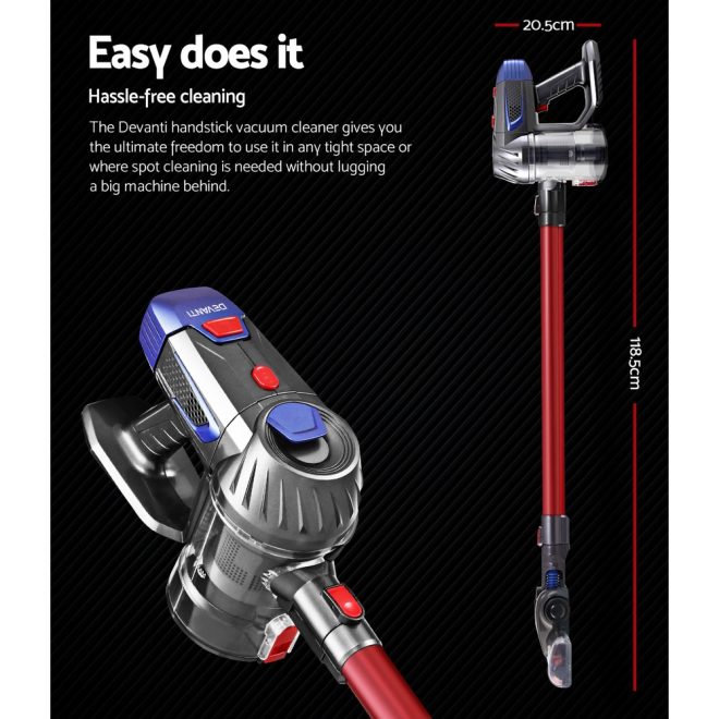 Devanti Handheld Vacuum Cleaner Cordless Stick Handstick Car Vac Bagless 2-Speed LED Headlight – Red and Grey