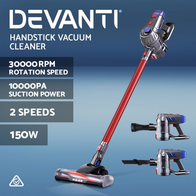 Devanti Handheld Vacuum Cleaner Cordless Stick Handstick Car Vac Bagless 2-Speed LED Headlight – Red and Grey