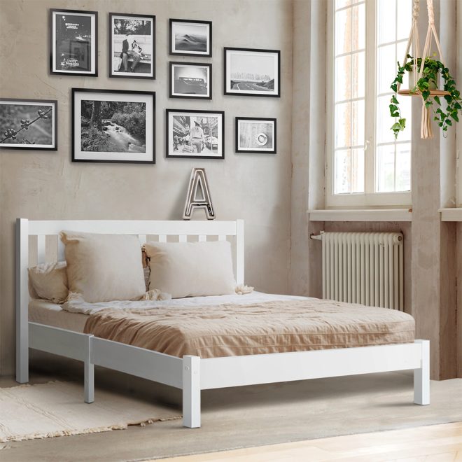 Artiss Bed Frame Wooden Bed Base Pine Timber Mattress Foundation – DOUBLE, White