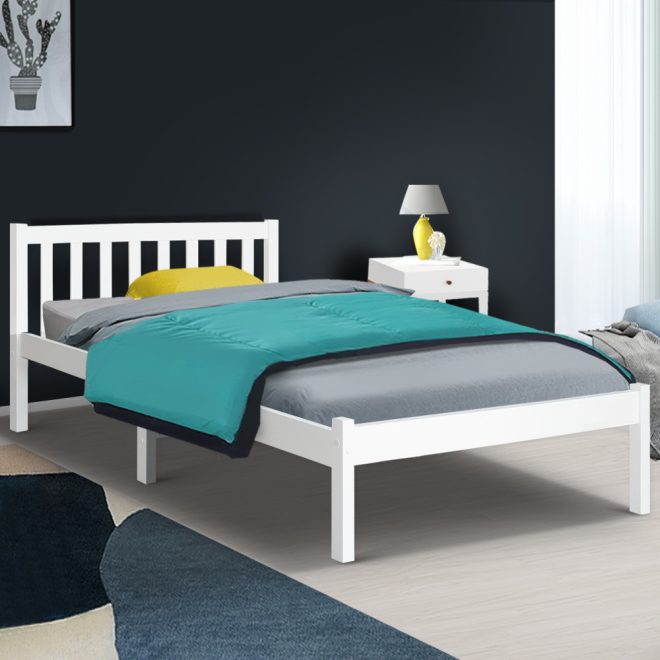 Artiss Bed Frame Wooden Bed Base Pine Timber Mattress Foundation – SINGLE, White