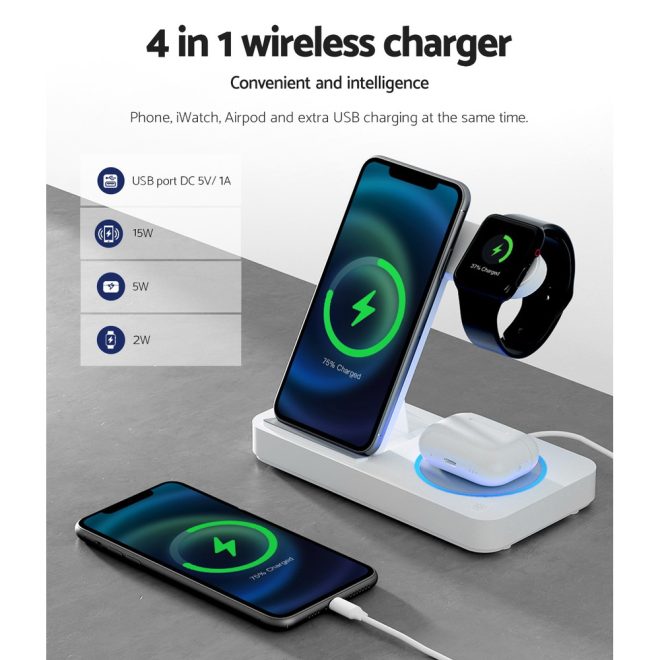 4-in-1 Wireless Charger Dock Fast Charging for Phone White