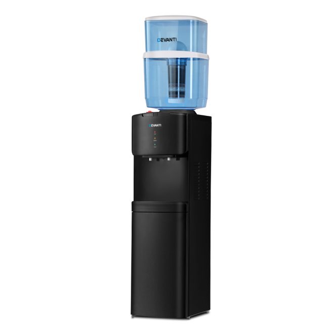 Devanti 22L Bench Top Water Cooler Dispenser Purifier Hot Cold Three Tap – Black, 2 Taps + Water Container