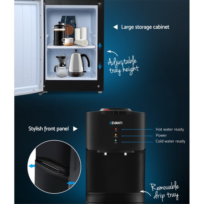 Devanti 22L Bench Top Water Cooler Dispenser Purifier Hot Cold Three Tap – Black, 2 Taps
