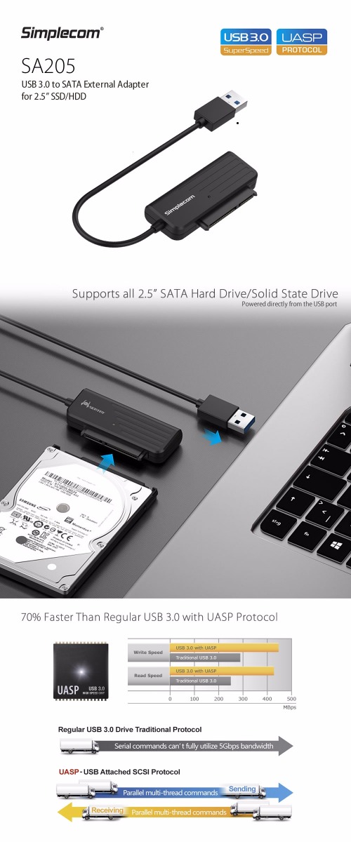 SA205 Compact USB 3.0 to SATA Adapter Cable Converter for 2.5″ SSD/HDD
