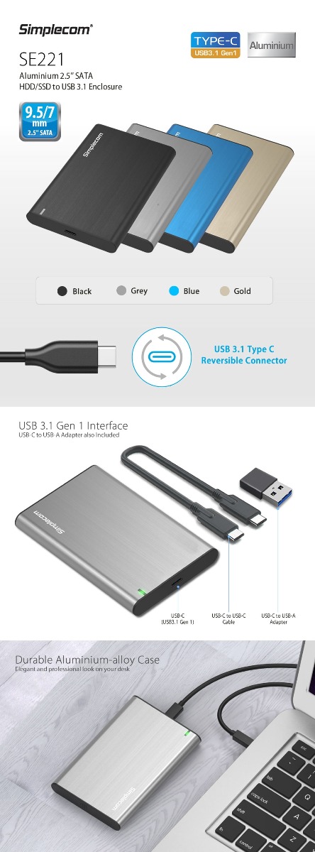 Simplecom SE221 Aluminium 2.5” SATA HDD/SSD to USB 3.1 Enclosure – Black