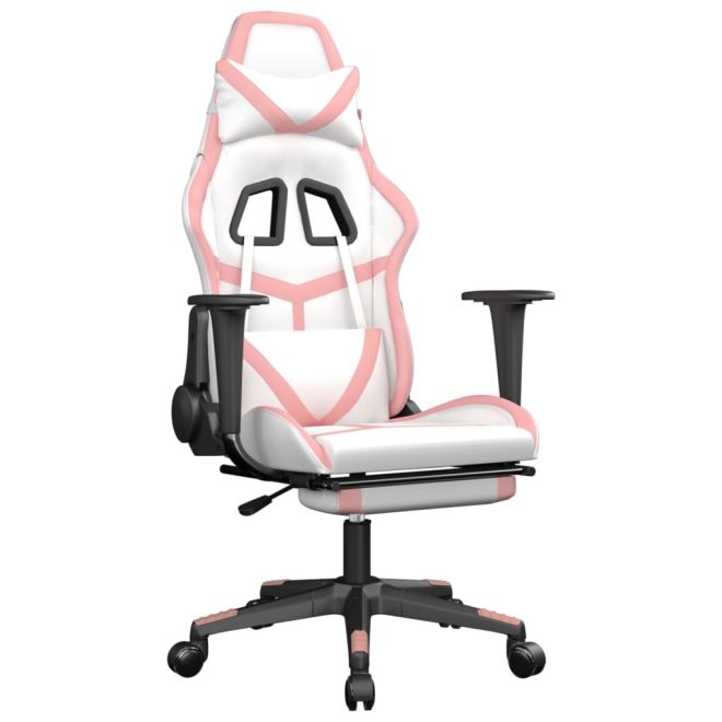 Gaming Chair with Footrest White and Pink Faux Leather