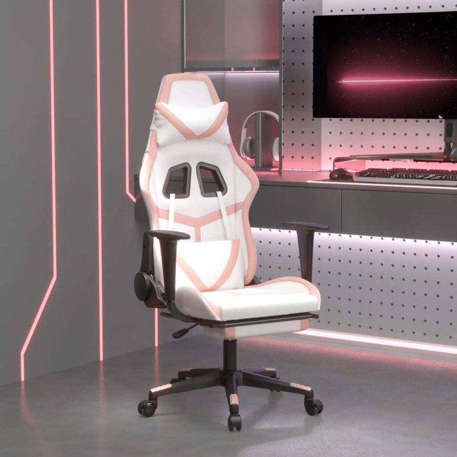 Gaming Chair with Footrest White and Pink Faux Leather