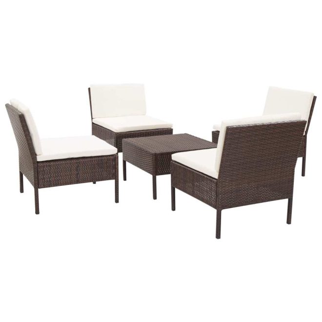 5 Piece Garden Sofa Set with Cushions Poly Rattan – Brown