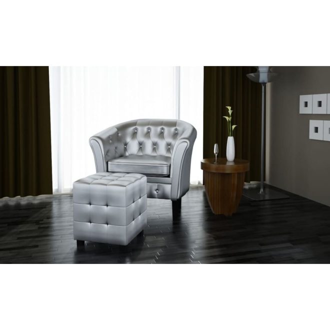 Tub Chair with Footstool Faux Leather – Silver