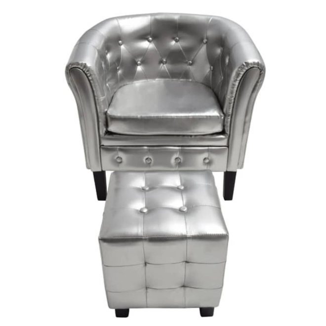 Tub Chair with Footstool Faux Leather – Silver