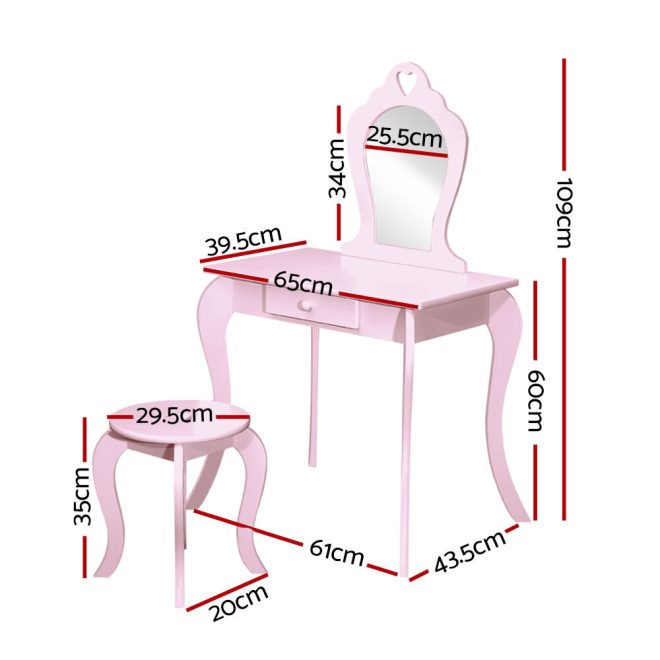 Kids Vanity Dressing Table Stool Set Mirror Princess Children Makeup – Pink