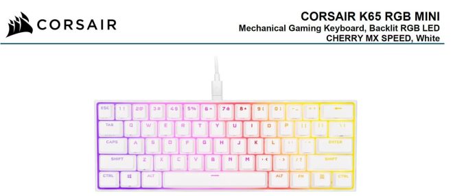 CORSAIR K65 RGB MINI 60% Mechanical Gaming Keyboard, Backlit RGB LED, CHERRY MX SPEED Keyswitches – White