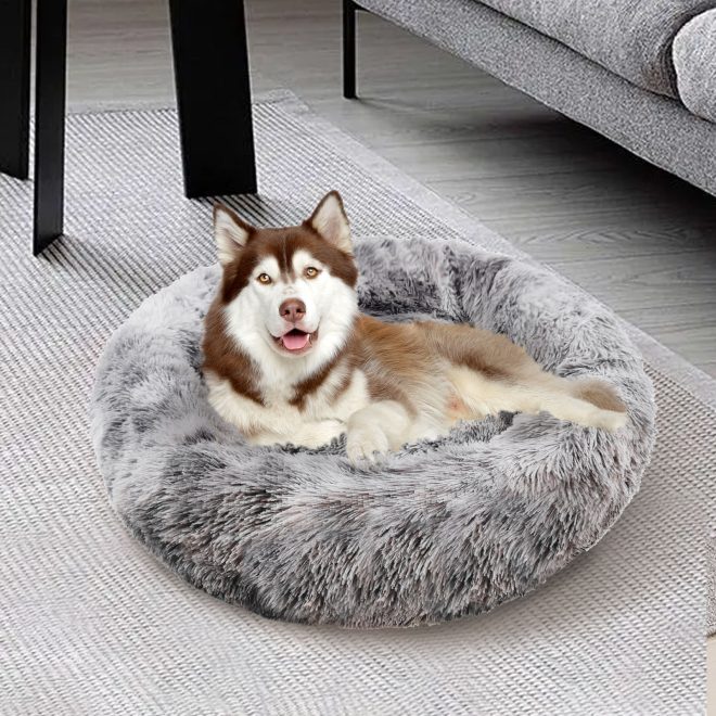 Dog Cat Pet Calming Bed Warm Soft Plush Round Nest Comfy Sleeping Cave MEL – 100x100x20 cm, Brown