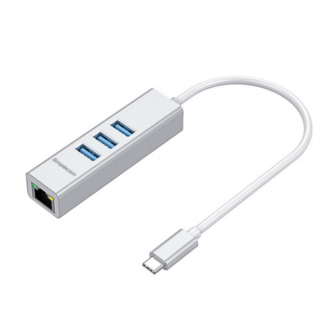 SIMPLECOM CHN421 Aluminium USB-C to 3 Port USB HUB with Gigabit Ethernet Adapter – CBAT-USBCLAN – Silver