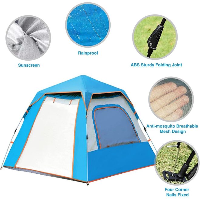 Instant Pop Up Tent For Hiking 2/3/4 Person Camping Tents, Waterproof Windproof Family Tent With Top Rainfly, Easy Set Up, Portable With Carry Bag, Wi – Blue