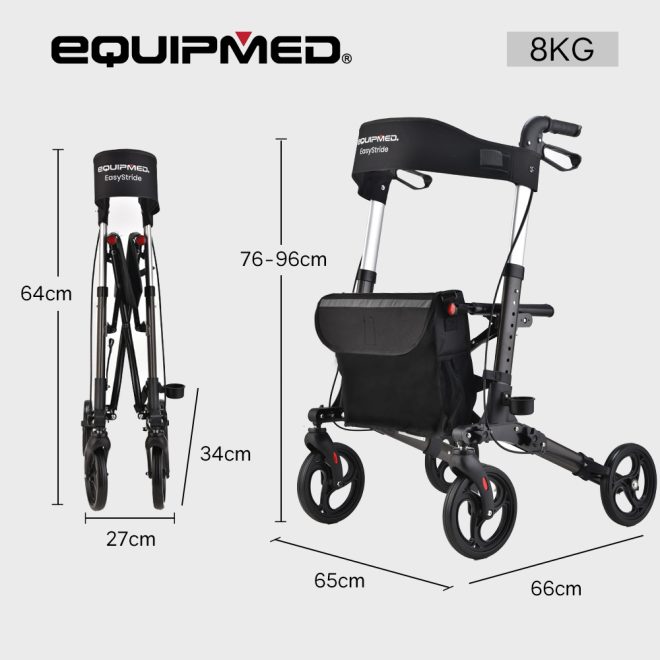 EQUIPMED Foldable Aluminium Walking Frame Rollator with Bag and Seat – Titanium