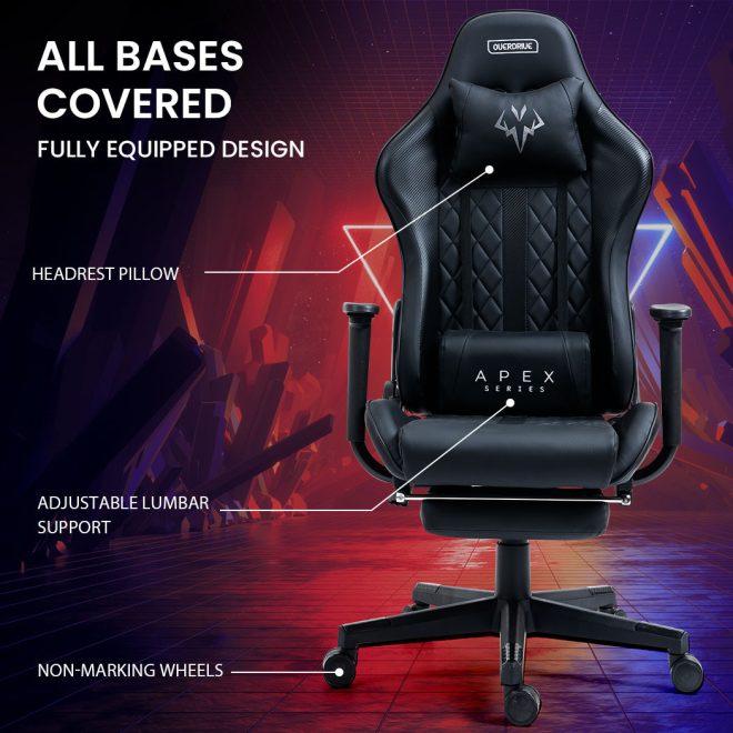 OVERDRIVE Apex Series Reclining Gaming Ergonomic Office Chair with Footrest – Black