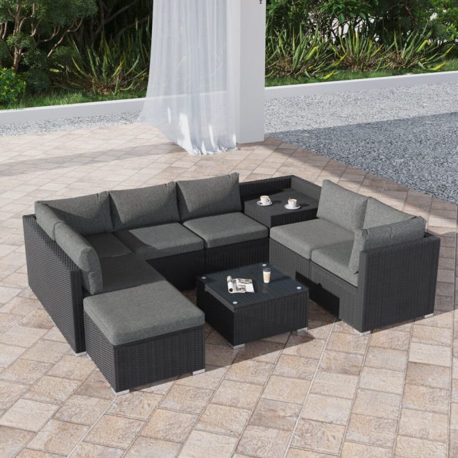 Large Modular Outdoor Ottoman Lounge Set – Black