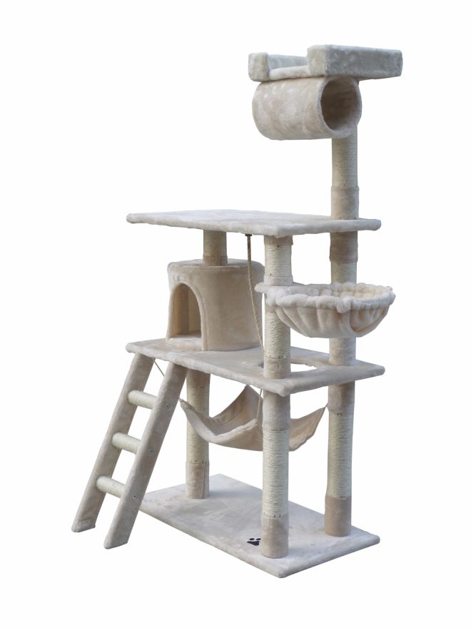 140 cm Cat Kitten Scratching Post Tree W ladder & Hammock – Beige