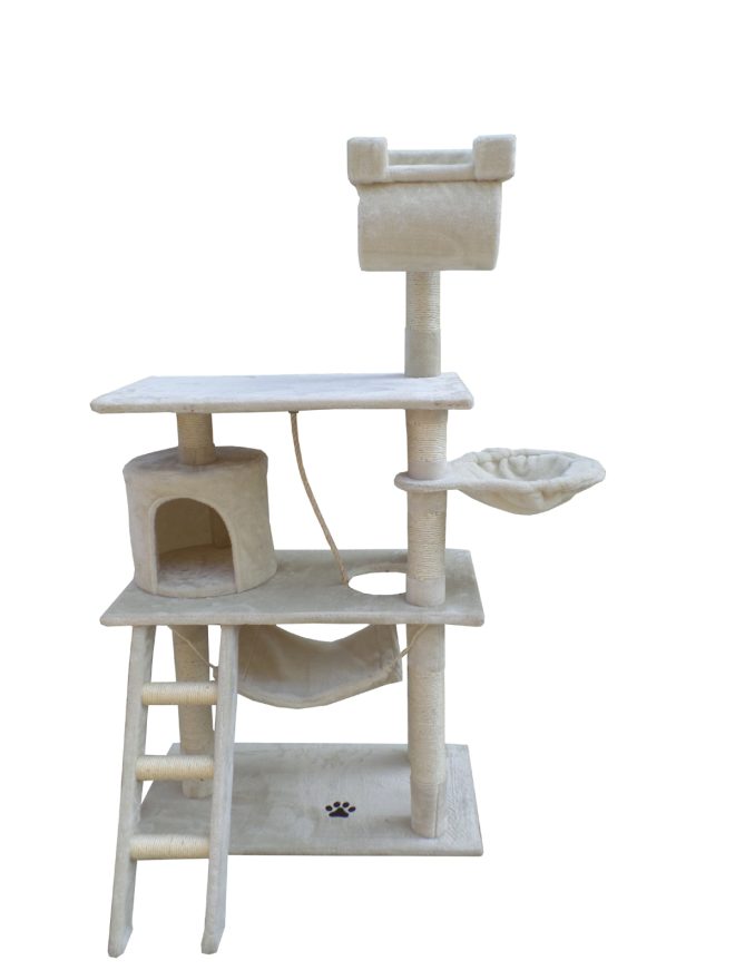 140 cm Cat Kitten Scratching Post Tree W ladder & Hammock – Beige