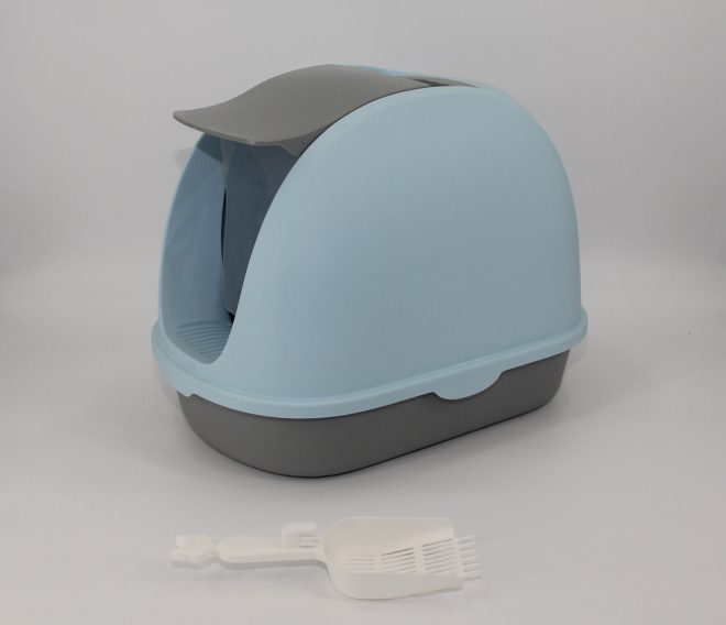 Portable Hooded Cat Toilet Litter Box Tray House with Handle and Scoop – Blue