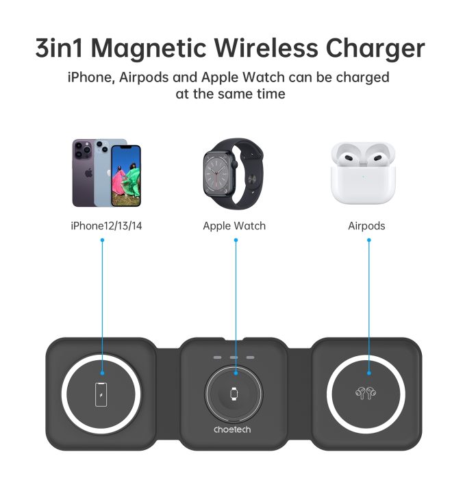 CHOETECH T588-F-BK 3-in-1 Foldable Fast Wireless Charger for Phone/Watch/Earphone