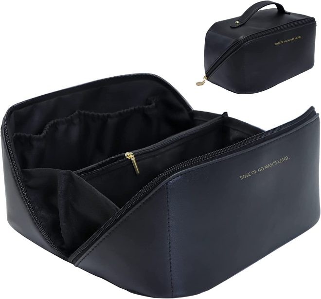 Large Travel Cosmetic Bag Portable Make up Makeup Bag Waterproof PU Leather Storage – Black