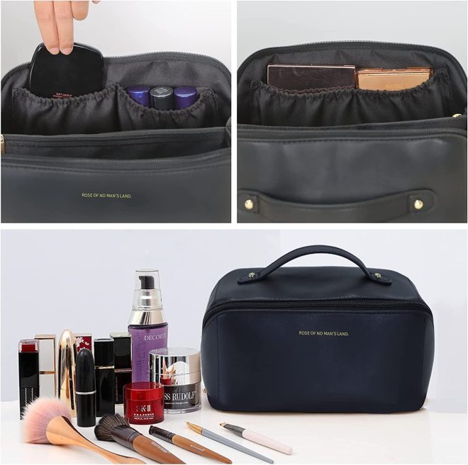 Large Travel Cosmetic Bag Portable Make up Makeup Bag Waterproof PU Leather Storage – Black
