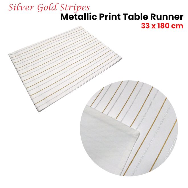 Silver Gold Stripes Cotton Metallic Print Table Runner 33 x 180 cm